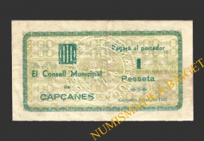CAPÇANES, (Tarragona), 1 pesseta, agost del 1937