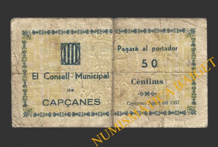 CAPÇANES, (Tarragona), 50 centims, agost del 1937