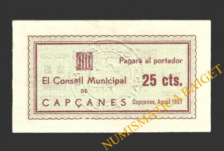 CAPÇANES, (Tarragona), 25 centims, agost del 1937