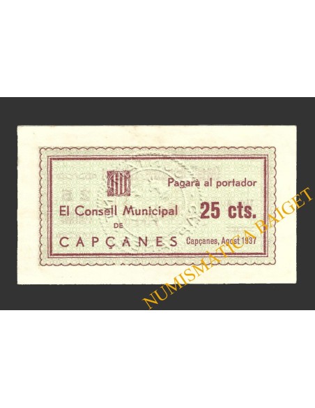 CAPÇANES, (Tarragona), 25 centims, agost del 1937