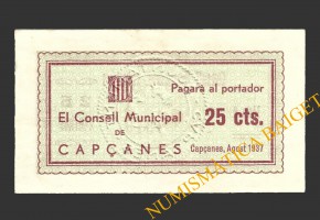 CAPÇANES, (Tarragona), 25 centims, agost del 1937