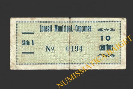 CAPÇANES, (Tarragona), 10 centims, agost del 1937