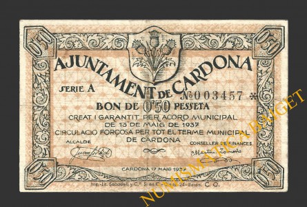 CARDONA, (Barcelona), 0'50 pessetes, 17 de maig del 1937