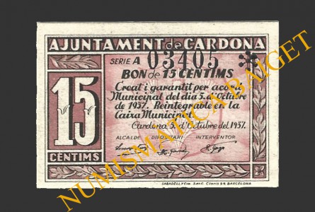 CARDONA, (Barcelona), 15 centims, 5 d'octubre del 1937