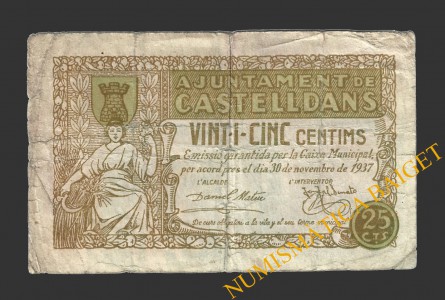 CASTELLDANS, (Lleida), 25 centims, 30 de novembre del 1937