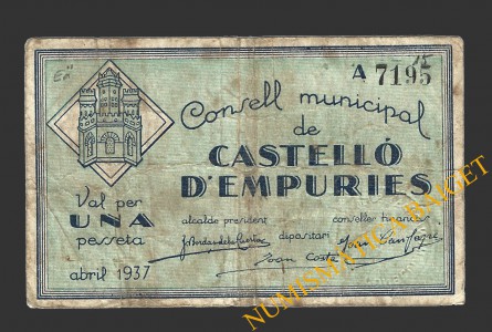 CASTELLO D'EMPURIES, (Girona), 1 pesseta, abril del 1937
