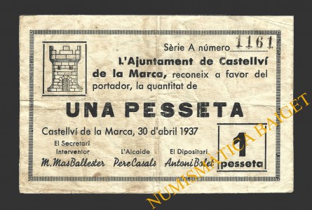 CASTELLVI DE LA MARCA, (Barcelona), 1 pesseta, 30 d'abril del 1937