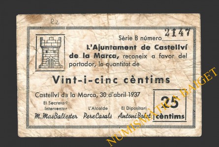 CASTELLVI DE LA MARCA, (Barcelona), 25 centims, 30 d'abril del 1937