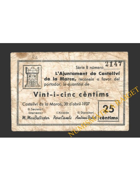 CASTELLVI DE LA MARCA, (Barcelona), 25 centims, 30 d'abril del 1937
