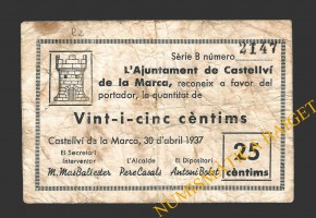 CASTELLVI DE LA MARCA, (Barcelona), 25 centims, 30 d'abril del 1937