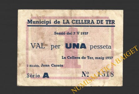 CELLERA DE TER, LA (Girona), 1 pesseta, 7 de maig del 1937