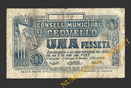 CERVELLO (Barcelona),1 pesseta, 8 de maig del 1937