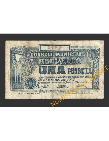 CERVELLO (Barcelona),1 pesseta, 8 de maig del 1937