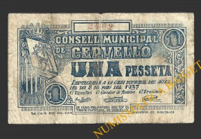CERVELLO (Barcelona),1 pesseta, 8 de maig del 1937