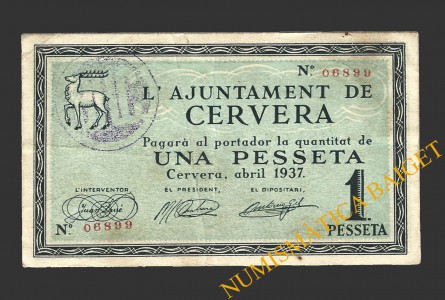 CERVERA (Lleida),1 pesseta, abril del 1937