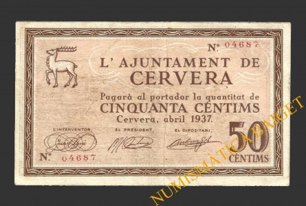 CERVERA (Lleida),50 centims, abril del 1937