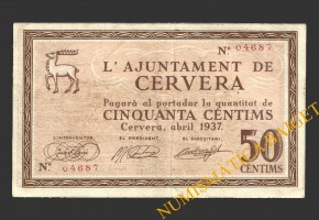 CERVERA (Lleida),50 centims, abril del 1937