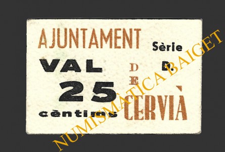 CERVIA DE LES GARRIGUES (Lleida), 25 centims, 1937