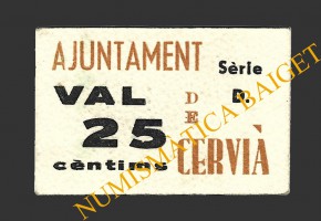 CERVIA DE LES GARRIGUES (Lleida), 25 centims, 1937