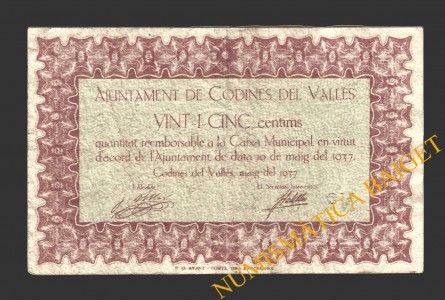 CODINES DEL VALLES (Barcelona), 25 centims, 10 de maig del 1937