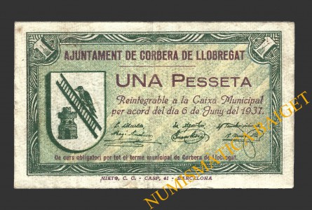 CORBERA DE LLOBREGAT (BARCELONA),1 pesseta, 6 de juny del 1937