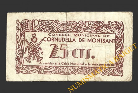 CORNUDELLA DE MONTSANT (Tarragona), 25 centims, 24 de desembre del 1937 