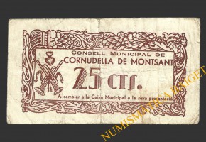CORNUDELLA DE MONTSANT (Tarragona), 25 centims, 24 de desembre del 1937 