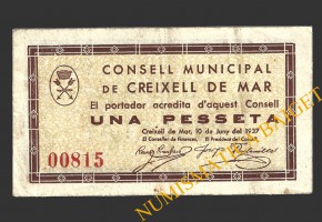 CREIXELL DE MAR (Tarragona), 1 pesseta, 10 de juny del 1937 