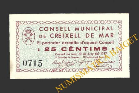 CREIXELL DE MAR (Tarragona), 25 centims, 10 de juny del 1937 
