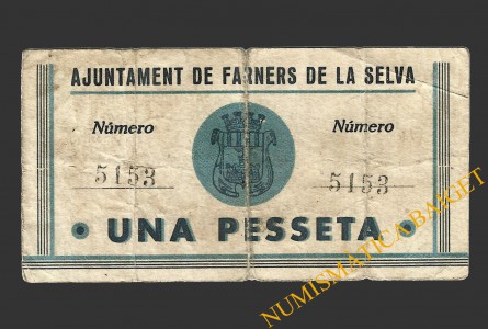 FARNERS DE LA SELVA (Girona), 1 pesseta, 13 de maig del 1937 