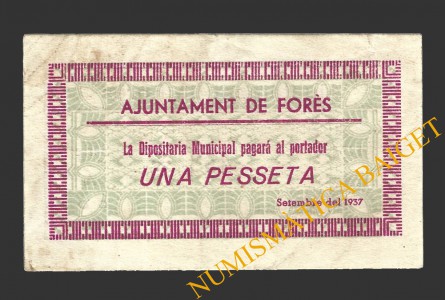FORES (Tarragona), 1 pesseta, setembre del 1937