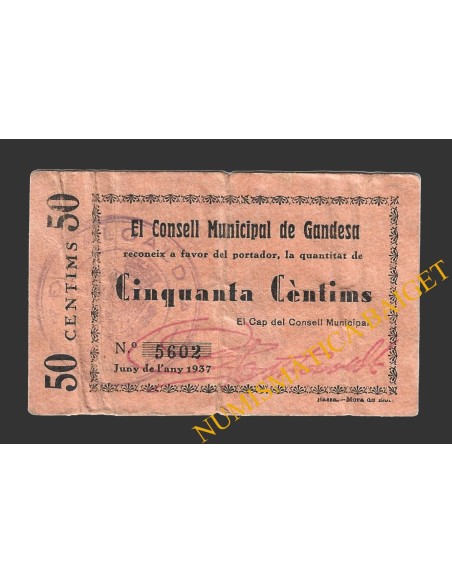 GANDESA (Tarragona), 50 centims, juny del 1937