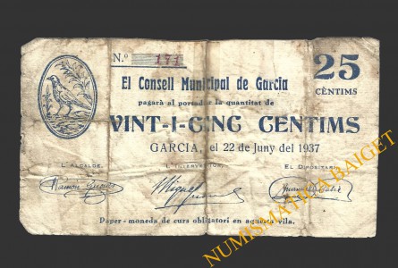 GARCIA (Tarragona), 25 centims, 22 de juny del 1937