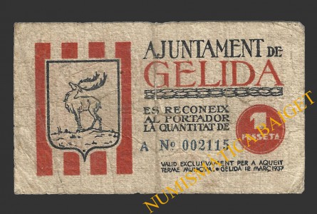 GELIDA (Tarragona), 1 pesseta, 12 de març del 1937