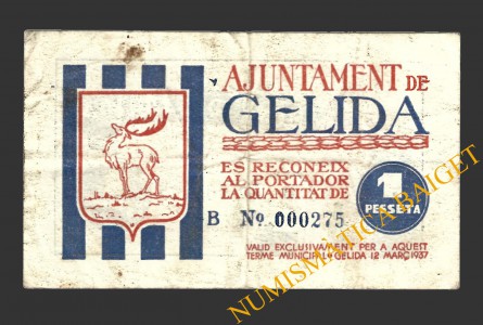 GELIDA (Tarragona), 1 pesseta, 12 de març del 1937