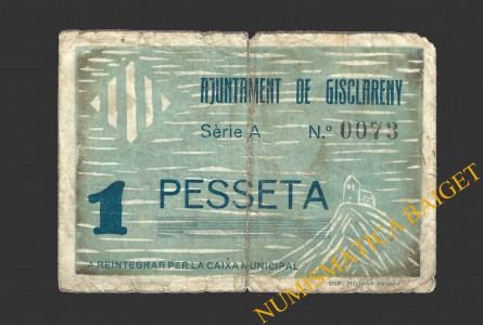 GISCLARENY (Barcelona), 1 pesseta, setembre del 1937  