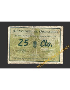 GISCLARENY (Barcelona), 25 centims, setembre del 1937  
