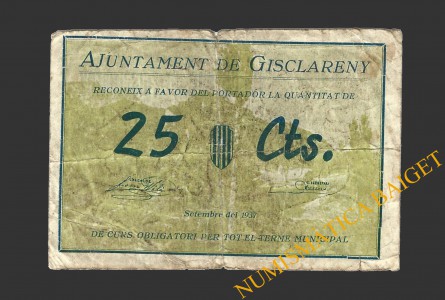 GISCLARENY (Barcelona), 25 centims, setembre del 1937  