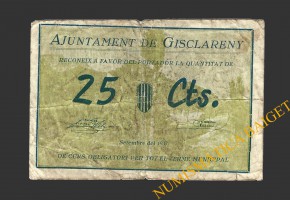 GISCLARENY (Barcelona), 25 centims, setembre del 1937  