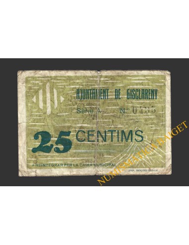 GISCLARENY (Barcelona), 25 centims, setembre del 1937  