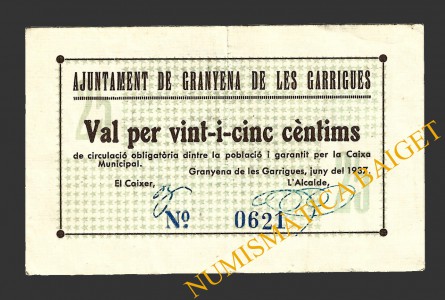 GRANYENA DE LES GARRIGUES (Lleida),25 centims, juny del 1937  
