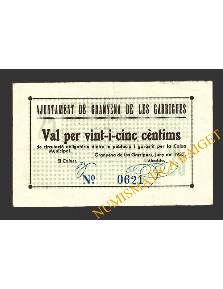 GRANYENA DE LES GARRIGUES (Lleida),25 centims, juny del 1937  