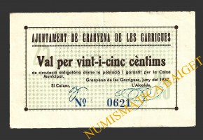 GRANYENA DE LES GARRIGUES (Lleida),25 centims, juny del 1937  