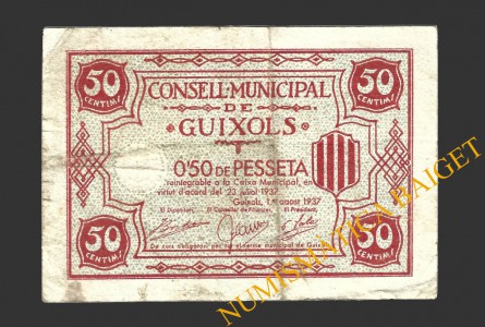 GUIXOLS (Girona), 0'50 pessetes, 1 d'agost del 1937  