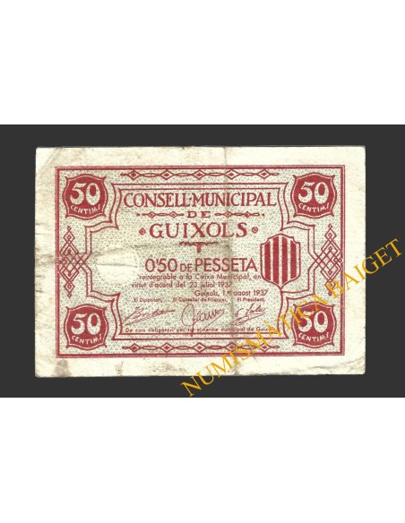 GUIXOLS (Girona), 0'50 pessetes, 1 d'agost del 1937  