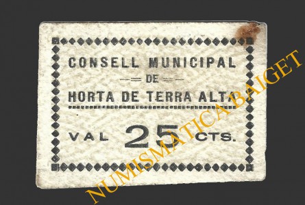 HORTA DE TERRA ALTA (Tarragona), 25 centims, 1937  