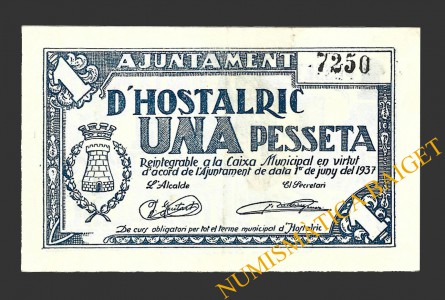 HOSTALRIC (Girona), 1 pesseta, 1 de juny del 1937  