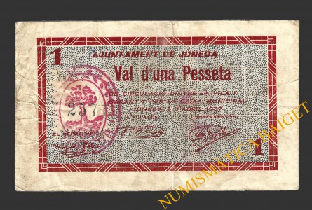 JUNEDA (Lleida), 1 pesseta, 1 d'abril del 1937  