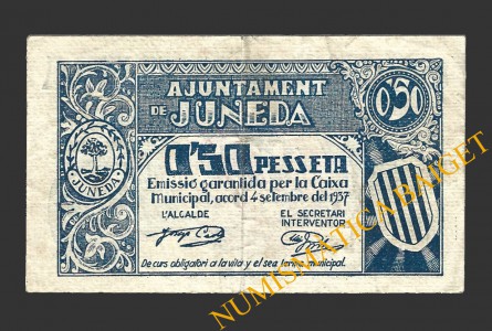 JUNEDA (Lleida), 0'50 pessetes, 4 de setembre del 1937  