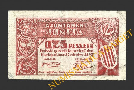 JUNEDA (Lleida), 0'25 pessetes, 4 de setembre del 1937  